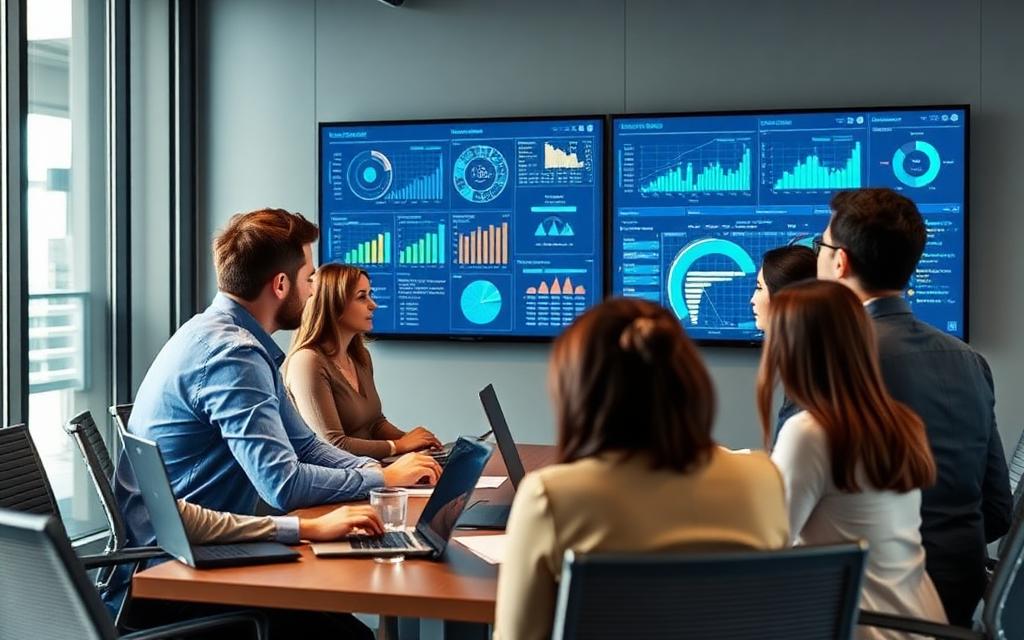 Consulting team reviewing AI dashboards and analytics on large displays