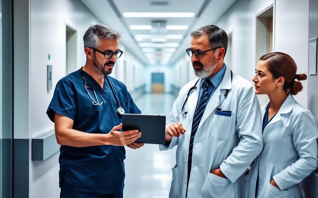 Clinicians and consultant reviewing electronic health records on a tablet